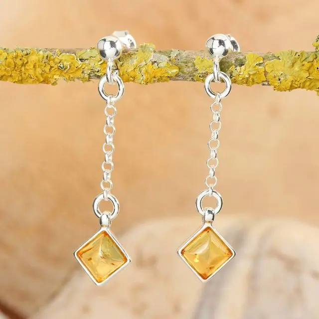 Lemon baltic Amber Sterling Silver Chain Drop Earrings