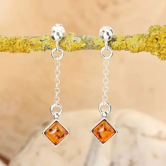 Square Baltic Amber Sterling Silver Chain Drop Earrings