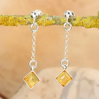 Square Baltic Amber Sterling Silver Chain Drop Earrings