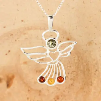 Multicoloured Baltic Amber Angel Sterling Silver Pendant Multicoloured Baltic Amber Angel Sterling Silver Pendant