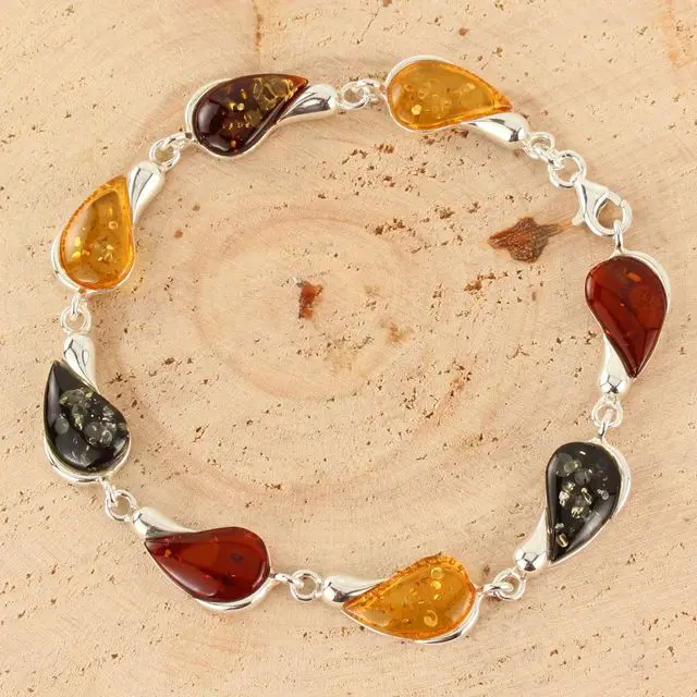 Multicoloured Baltic Amber Organic Sterling Silver Bracelet