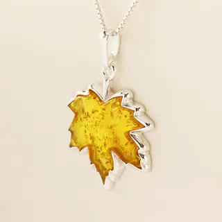 Large Maple Leaf Sterling Silver Amber Pendant