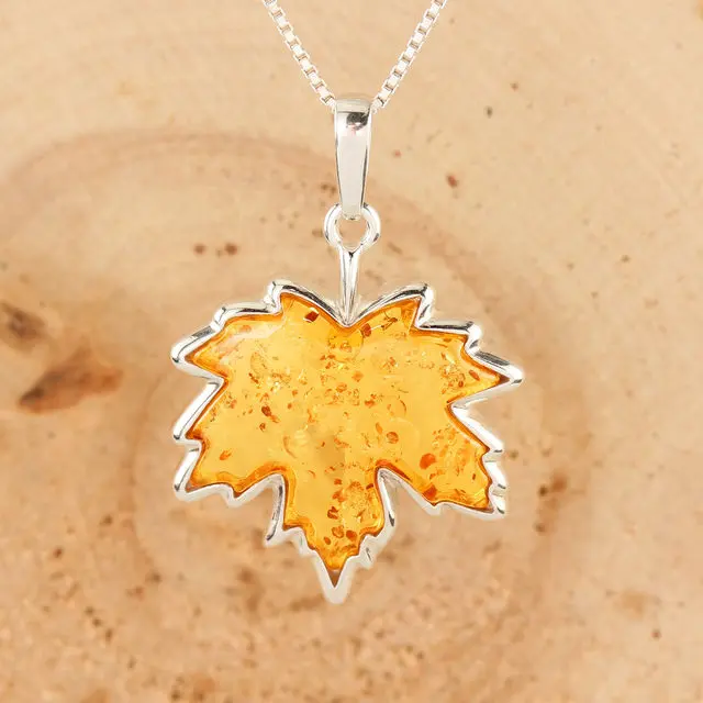 Lemon Baltic Amber Sterling Silver Maple Leaf Pendant