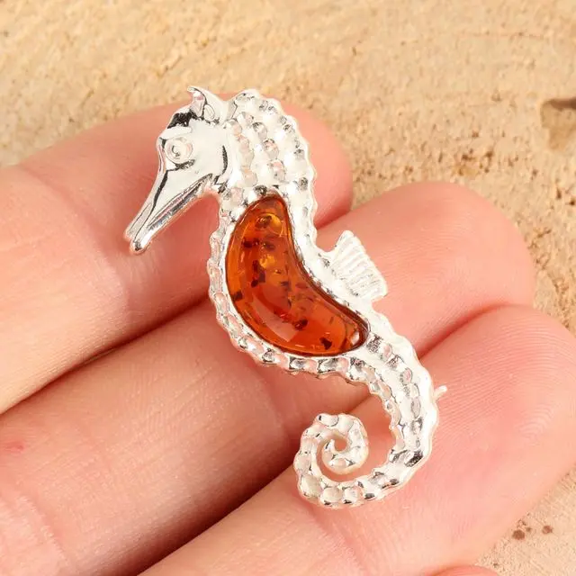 Honey Baltic Amber Sterling Silver Seahorse Brooch