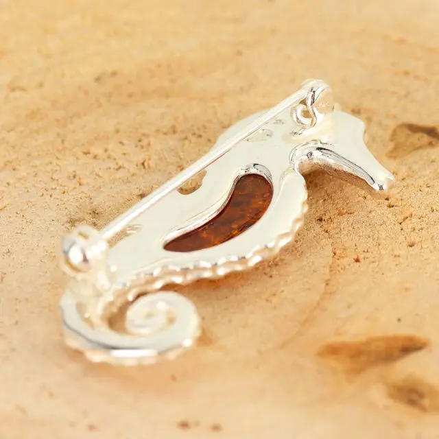 Sterling Silver Seahorse Honey Baltic Amber Brooch