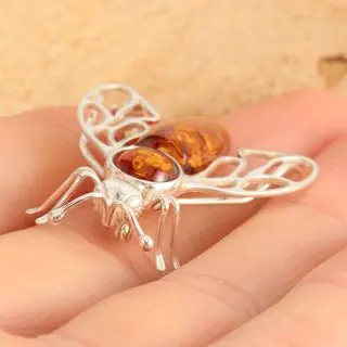 Sterling Silver Honey Baltic Amber Bee Brooch