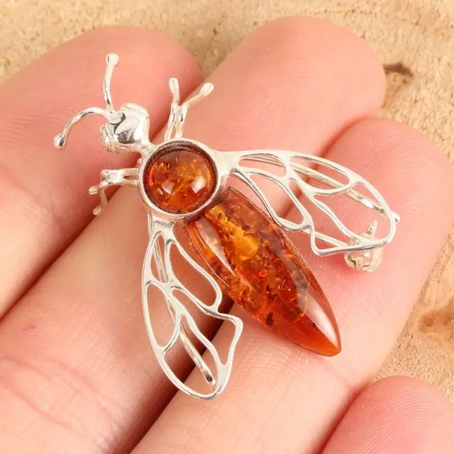 Honey Baltic Amber Bee Sterling Silver Brooch