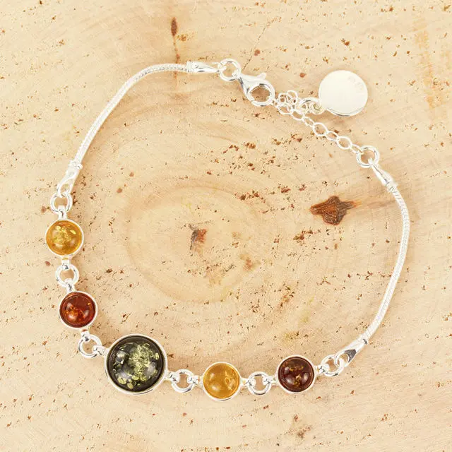 Sterling Silver Multicoloured Baltic Amber Adjustable Bracelet