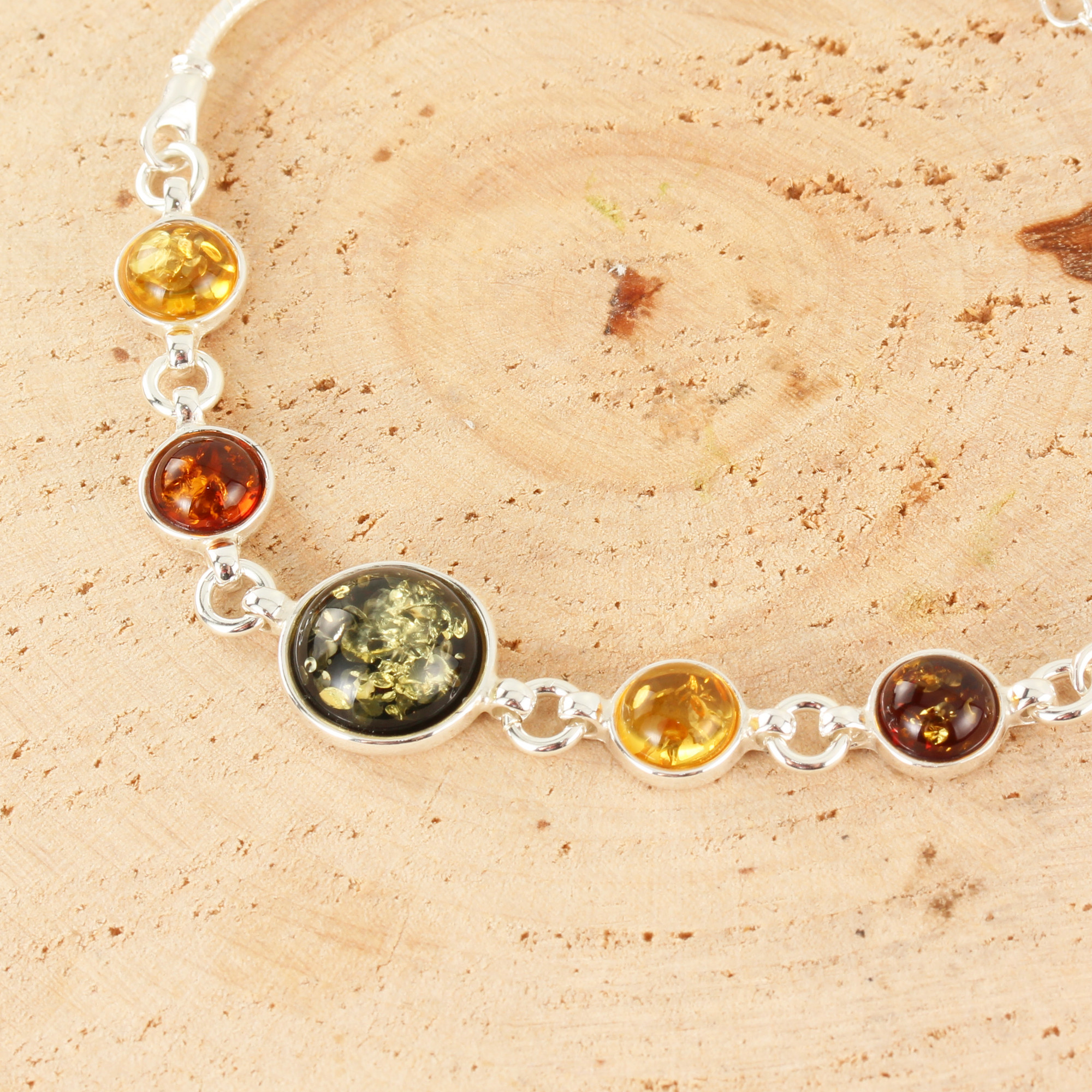 Multicoloured Baltic Amber Sterling Silver Adjustable Bracelet
