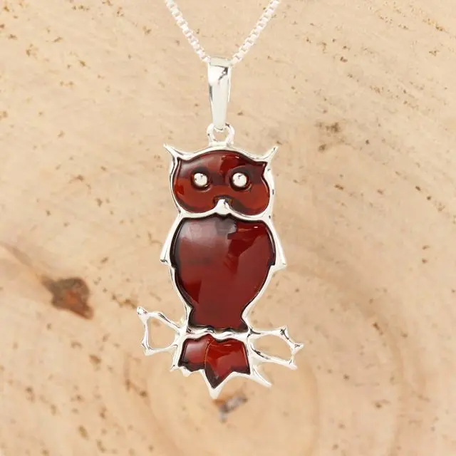 Cherry Baltic Amber Owl Sterling Silver Pendant