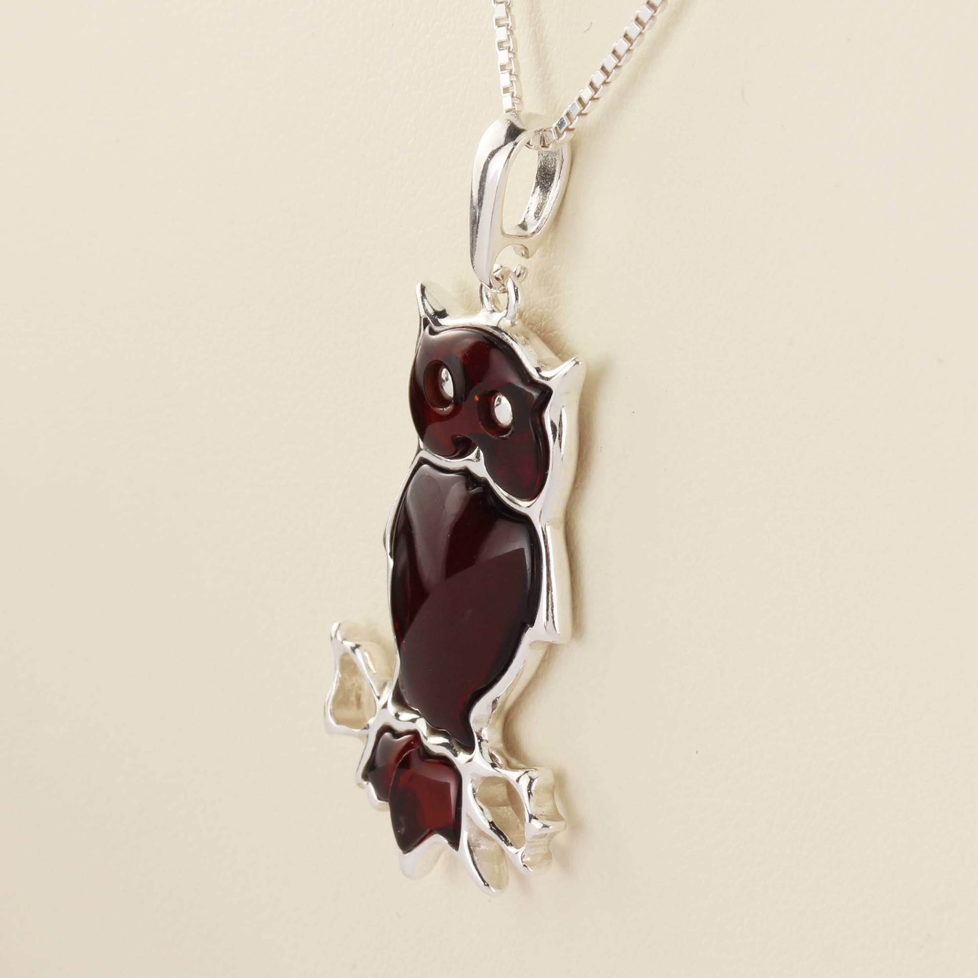 Cherry Baltic Amber Owl Sterling Silver Pendant
