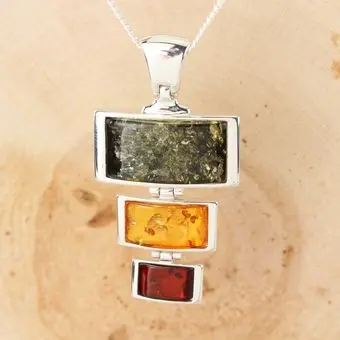 Multicoloured Baltic Amber Large Triple Sterling Silver Pendant Multicoloured Baltic Amber Large Triple Sterling Silver Pendant