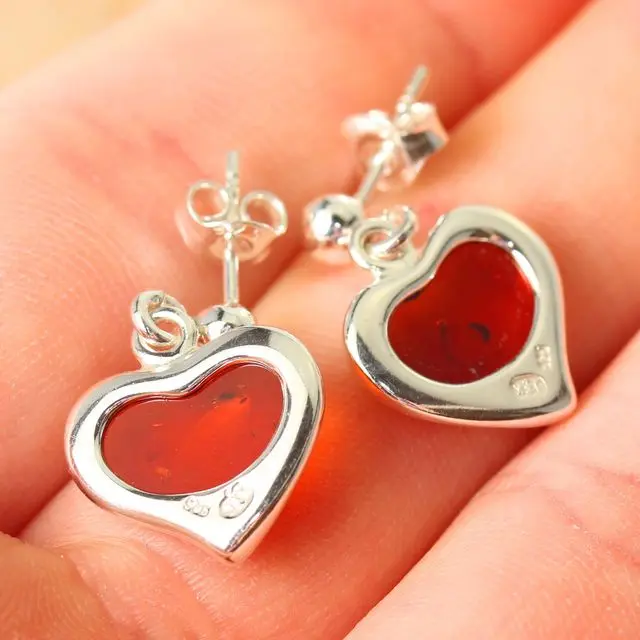 Honey Baltic Amber Sterling Silver Heart Drop Earrings