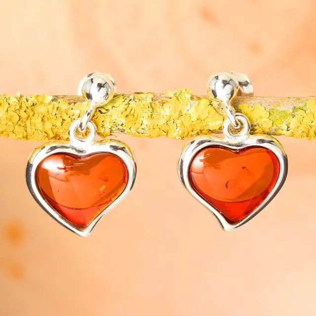 Sterling Silver Honey Baltic Amber Heart Drop Earrings