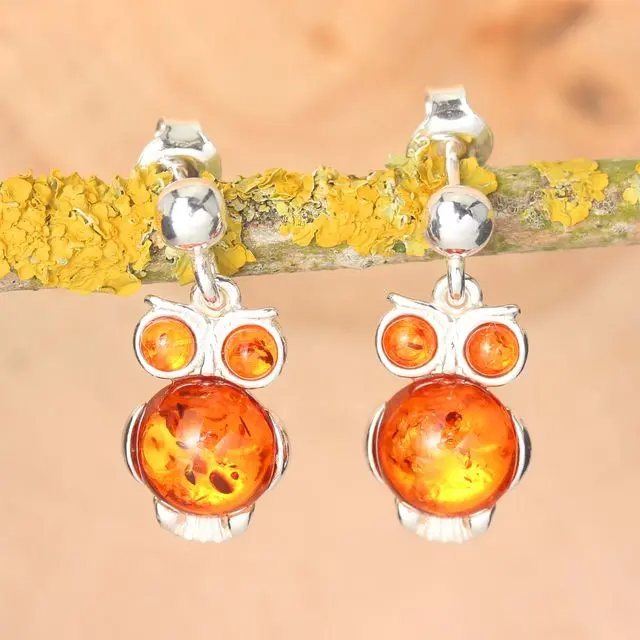 Sterling Silver Honey Baltic Amber Owl Drop Earrings