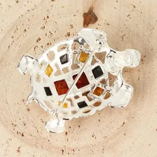 Multicoloured Baltic Amber Turtle Sterling Silver Brooch