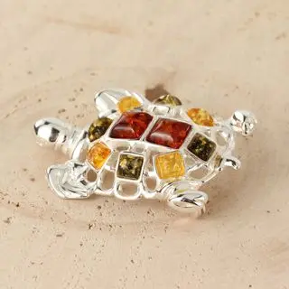 Sterling Silver Baltic Amber Turtle Brooch