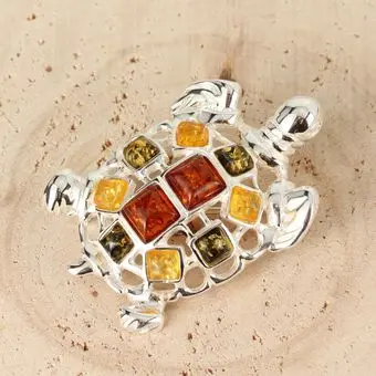 Multicoloured Baltic Amber Turtle Sterling Silver Brooch Multicoloured Baltic Amber Turtle Sterling Silver Brooch