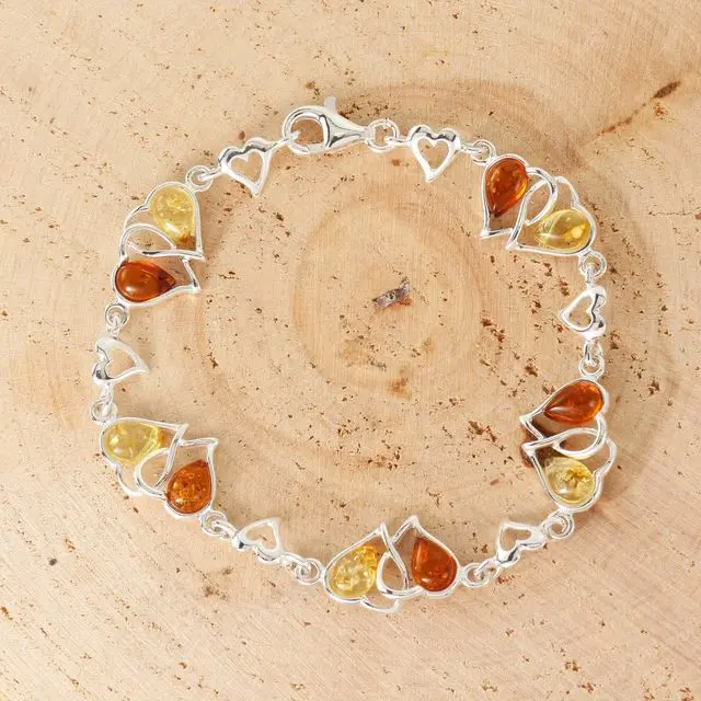 Sterling Silver Heart Link Baltic Amber Bracelet