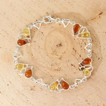 Honey and Lemon Baltic Amber Sterling Silver Heart Link Bracelet Honey and Lemon Baltic Amber Sterling Silver Heart Link Bracelet