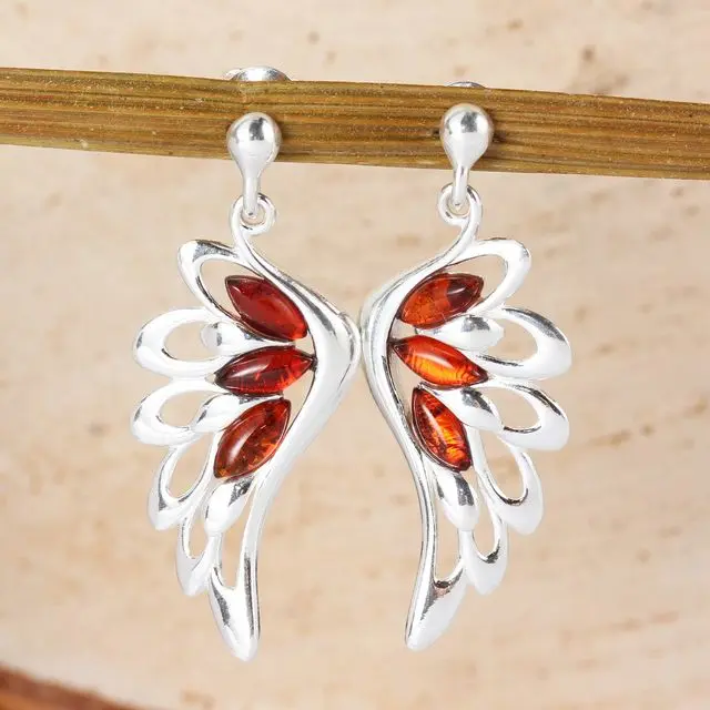 Honey Baltic Amber Sterling Silver Angel Wing Drop Earrings