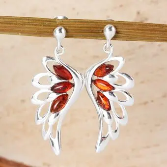 Honey Baltic Amber Angel Wing Sterling Silver Drop Earrings Honey Baltic Amber Angel Wing Sterling Silver Drop Earrings
