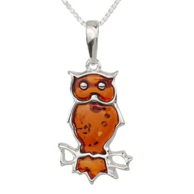 Honey Baltic Amber Owl Sterling Silver Pendant