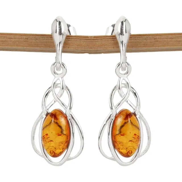 Honey Baltic Amber Sterling Silver Celtic Drop Earrings