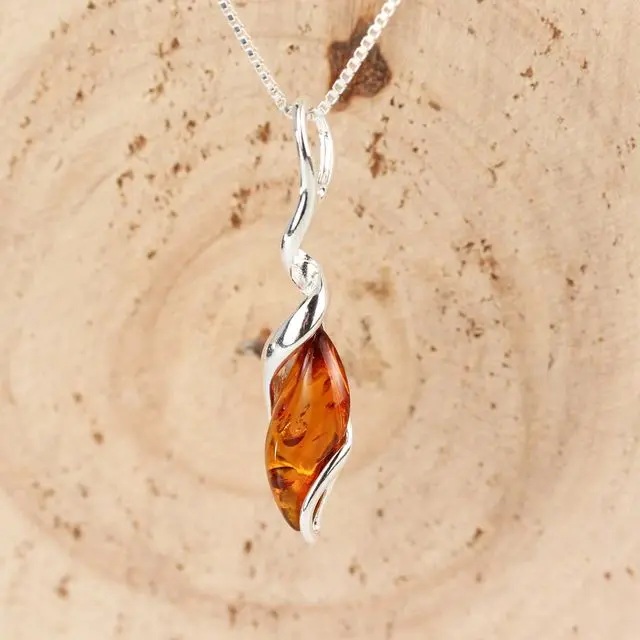 Honey Baltic Amber Sterling Silver Twisted Pendant