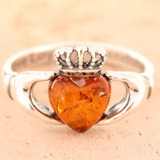Sterling Silver Honey Baltic Amber Claddagh Ring
