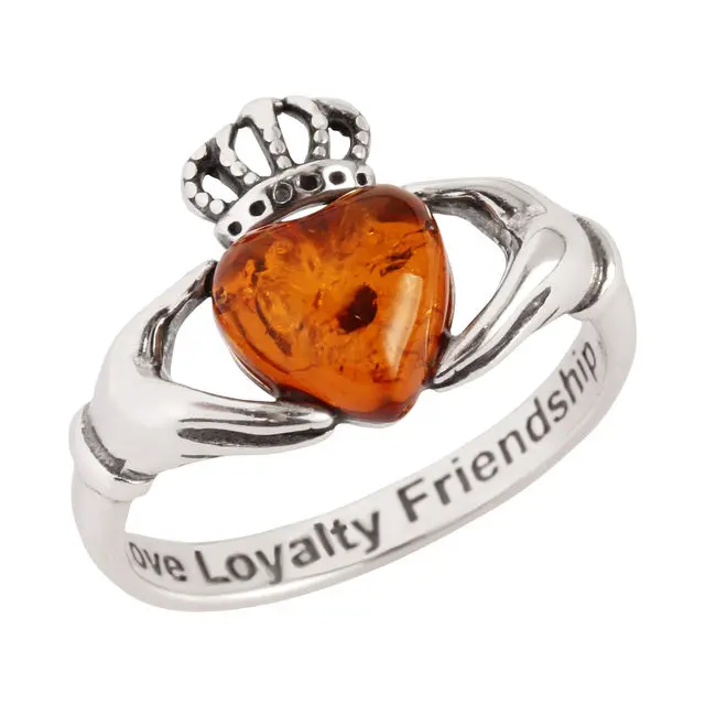 Honey Baltic Amber Sterling Silver Claddagh Ring