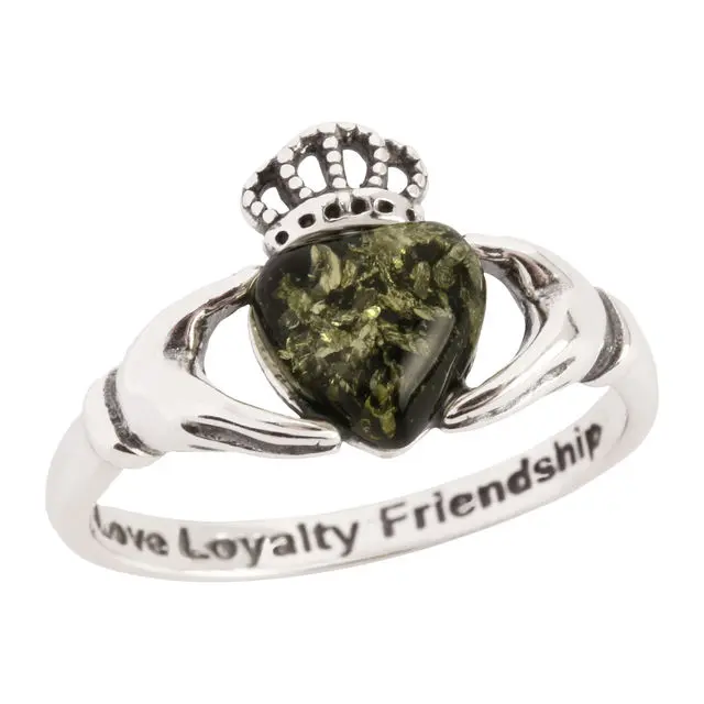 Sterling Silver Green Baltic Amber Claddagh Ring