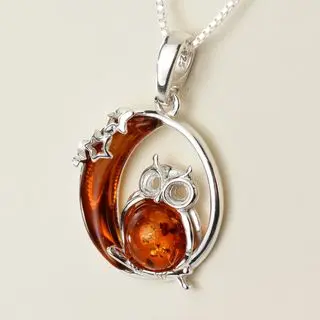 Baltic Amber Owl In The Moon Sterling Silver Pendant