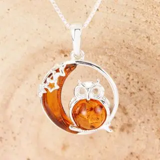 Sterling Silver Honey Baltic Amber Owl Pendant