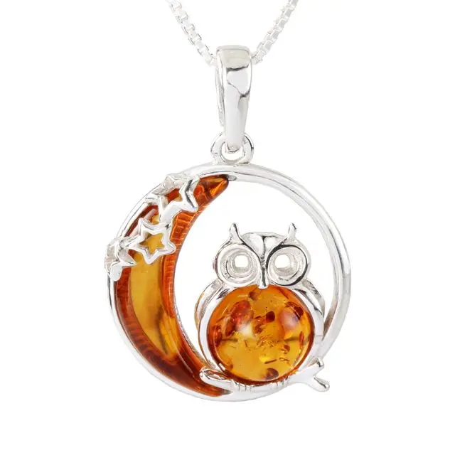 Honey Baltic Amber Sterling Silver Owl Pendant