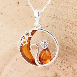 Honey Baltic Amber Sterling Silver Cat Pendant