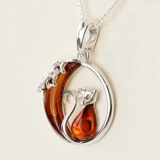 Sterling Silver Honey Baltic Amber Cat In The Moon Pendant
