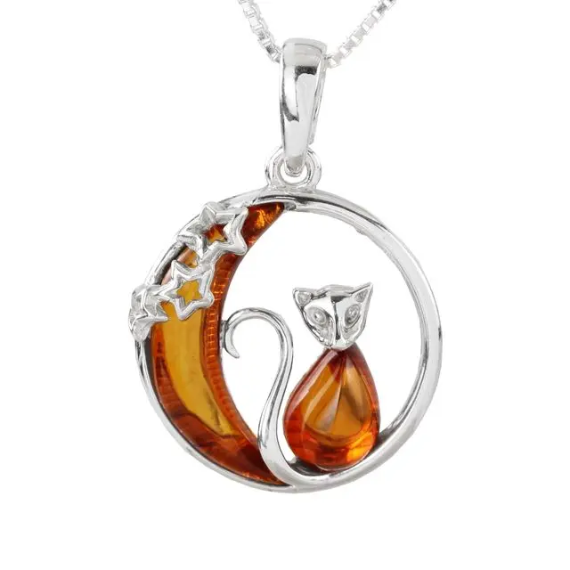 Cat In The Moon Honey Baltic Amber Sterling Silver Pendant