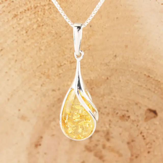 Lemon Baltic Amber Pear Drop Sterling Silver Pendant