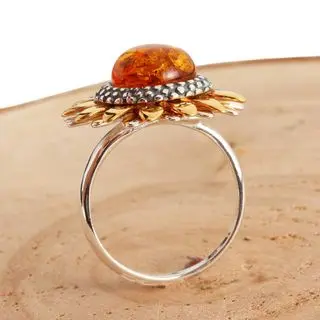 Baltic Amber Sunflower Sterling Silver Ring