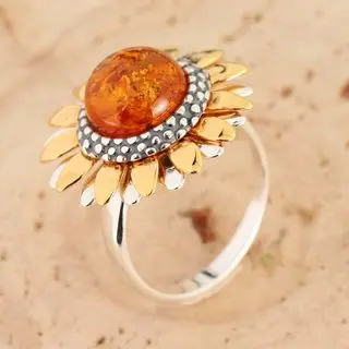 Gold Plated Sterling Silver Baltic Amber Sunflower Ring