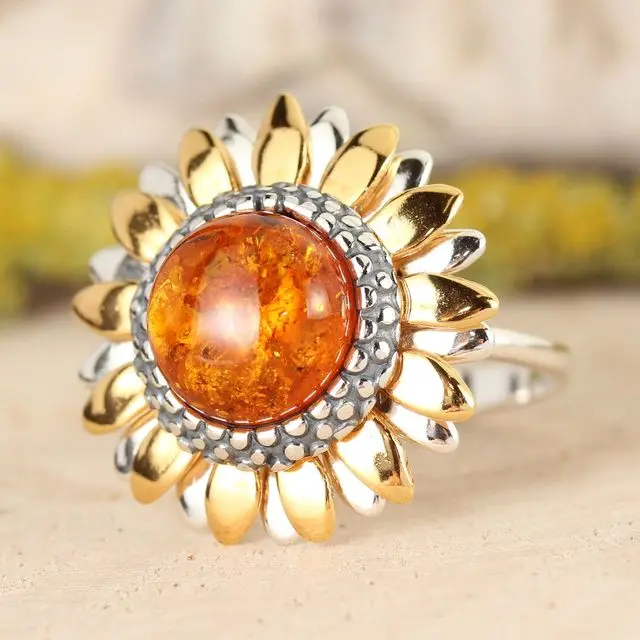 Honey Baltic Amber Sunflower Sterling Silver Ring