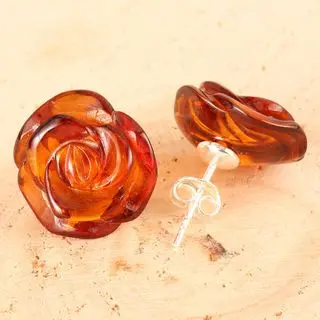 Cognac Baltic Amber Rose Sterling Silver Stud Earrings