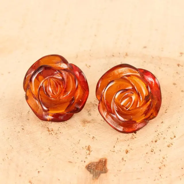 Sterling Silver Baltic Amber Rose Stud Earrings