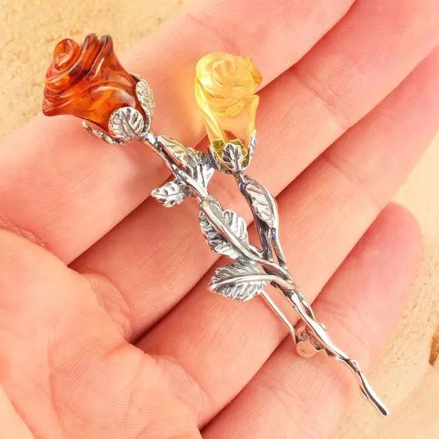 Lemon and Cognac Baltic Amber Rose Brooch