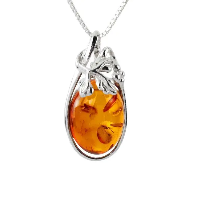 Honey Baltic Amber Berry Leaves Sterling Silver Pendant