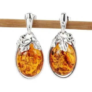 Sterling Silver Berry Leaves Honey Baltic Amber Earrings