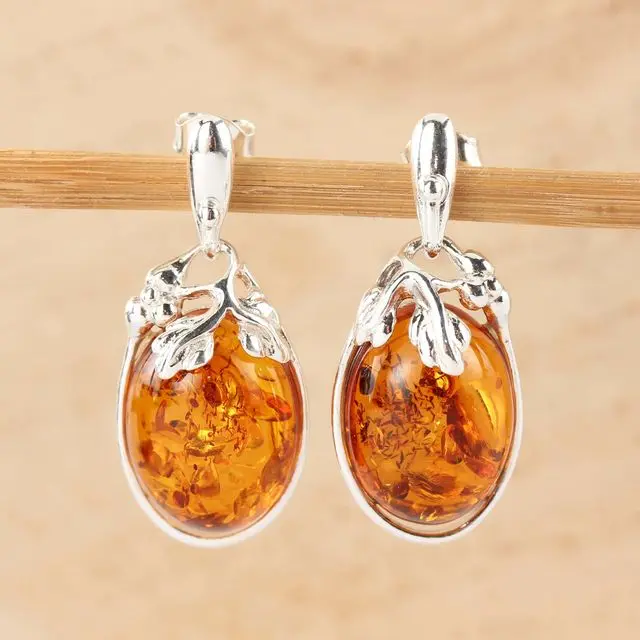 Honey Baltic Amber Sterling Silver Berry Leaves Drop Earrings