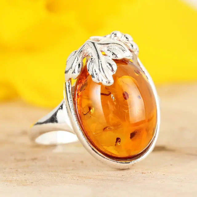 Honey Baltic Amber Berry Leaves Sterling Silver Ring