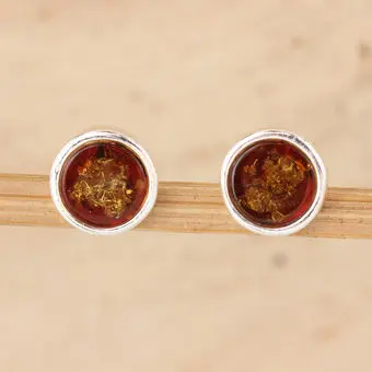 Cognac Baltic Amber Round Sterling Silver Stud Earrings Cognac Baltic Amber Round Sterling Silver Stud Earrings